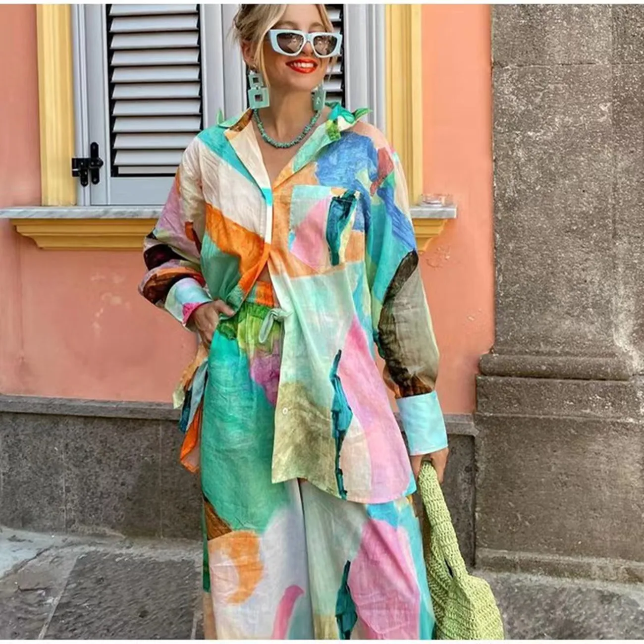 

Women Print 2 Pieces Set Long Sleeve Pocket Tops Loose Long Pants Lady Spring Summer Hawaii Beach Casual Outfits 2024 NEW