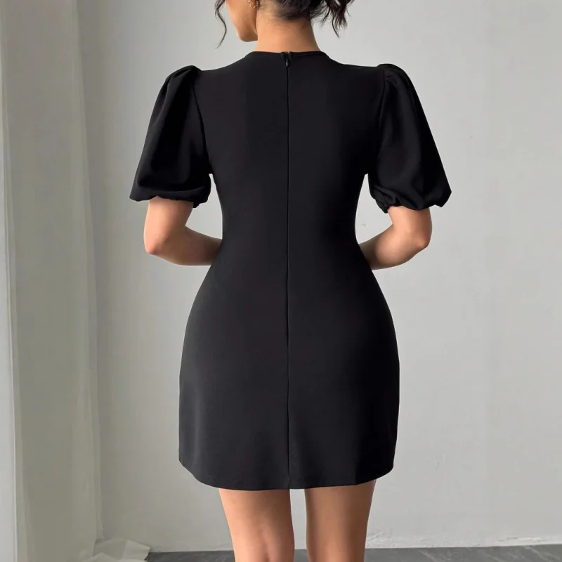 Spot Goods2025New feminino em torno do pescoço oco cristal arco puff manga cintura-entretendo vestido