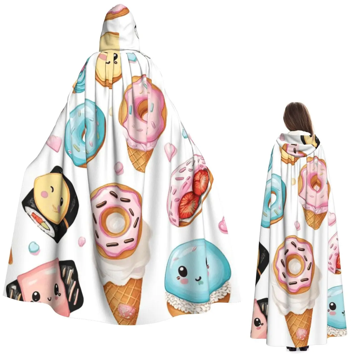 

Dessert Donuts Ice Cream Treats Long Hooded Cloak Witch Medieval Costume Cosplay Cape HalloweenCoat Adult Unisex