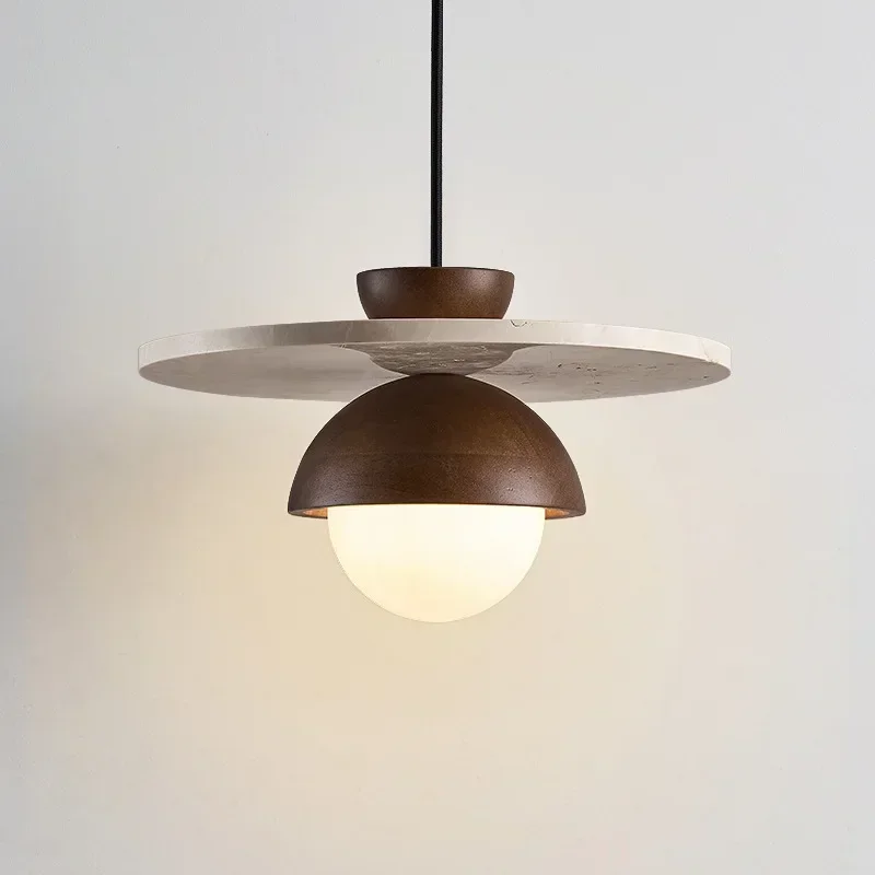 

Modern Small Stone Hanging Chandelier Light Fixture Walnut Wood Pendant Light for Dining Room Bedroom Bar Home Decor