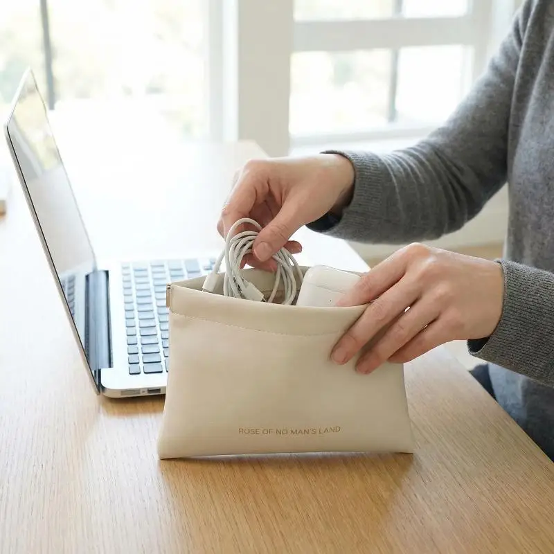 PU Earphone Charging Cable Storage Bag Mini Separate Purse Bag with Automatic Close for Students Office Travelers