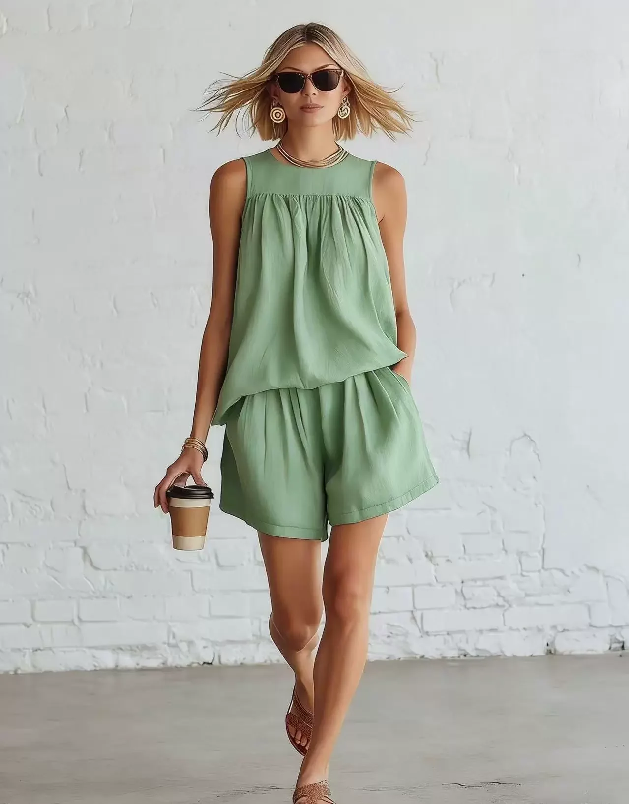 Casual Women Loungewear 2 Piece Set Solid Sleeveless Vest And Loose Fit Shorts For Home Daily Wear