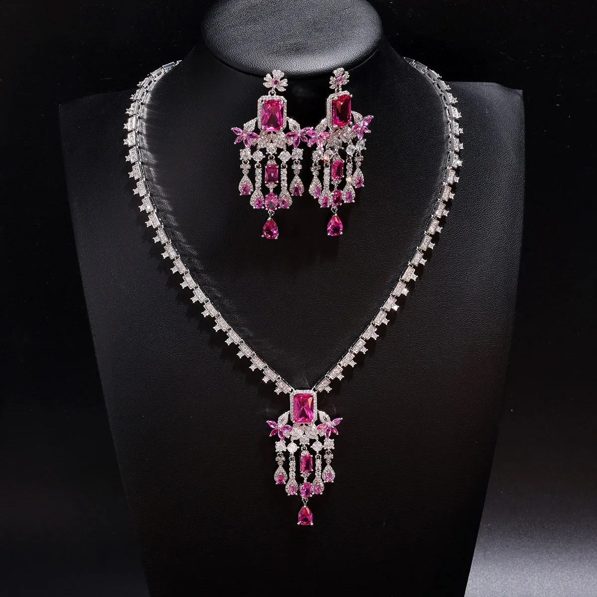 

2026 Fashion Premium Shiny Rose red color Necklace Earring Set Women's Clothing Wedding Holiday Party Bridal Jewelry Gift M-994