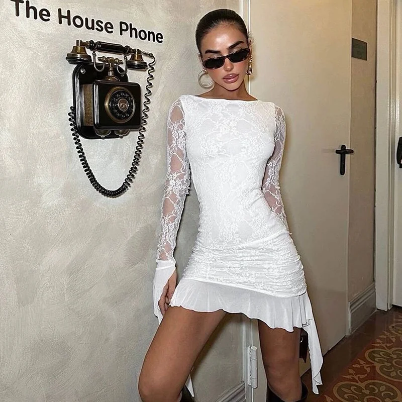 Letnia Elegancka Dopasowana Sukienka Bodycon z Koronką dla Kobiet, Sukienka Mini z Długim Rękawem, Marszczeniami i Falbanką na Dole, Seksowny Strój na Imprezę Klubową, Szykowna