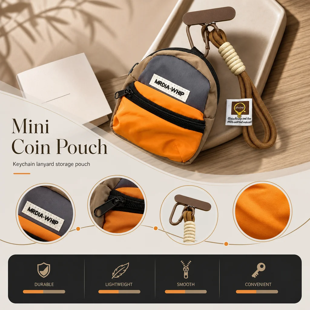 Mini Colorblock Coin Purse Khaki Orange Nylon Detachable Strap for Phone Cards Coin Storage Daily Commute Short Trips Outdoor