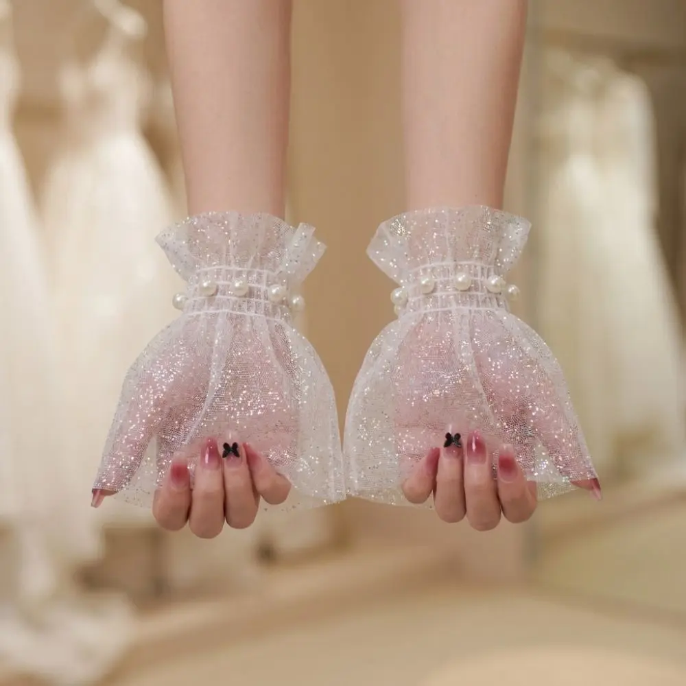 Short Length Wrist Fake Sleeves Tulle Pearl Decorative False Cuff Comfortable Soft Women Cuff Extension Take Picture Background