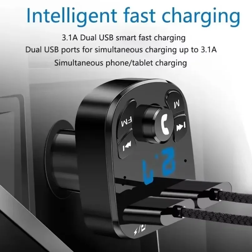 New Car Cigarette Lighter Adapter Bluetooth 5.0 FM 3.1A Dual USB Fast Charging Charge Hands Free MP3 Player with Digital Display
