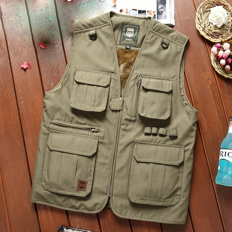 Autumn and Winter Outdoor Multi Pocket Thickened Vest Photography Fishing Tank Top Men's Sweater Coat