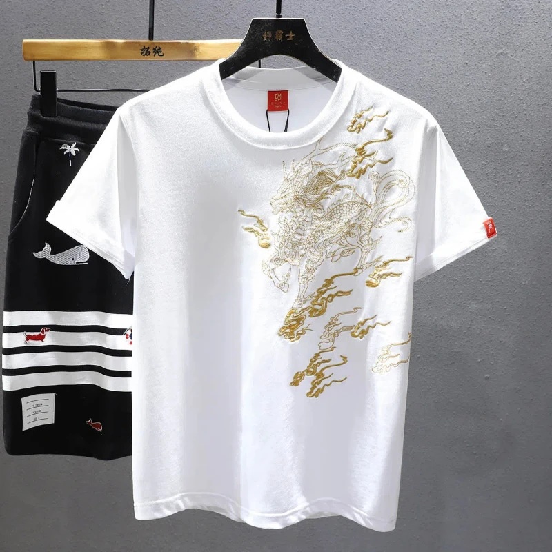 

2025 Spring and Summer Heavy Industry Phoenix Embroidery T-shirt Men's Half-sleeved Fashion Loose Short-sleeved National Trend