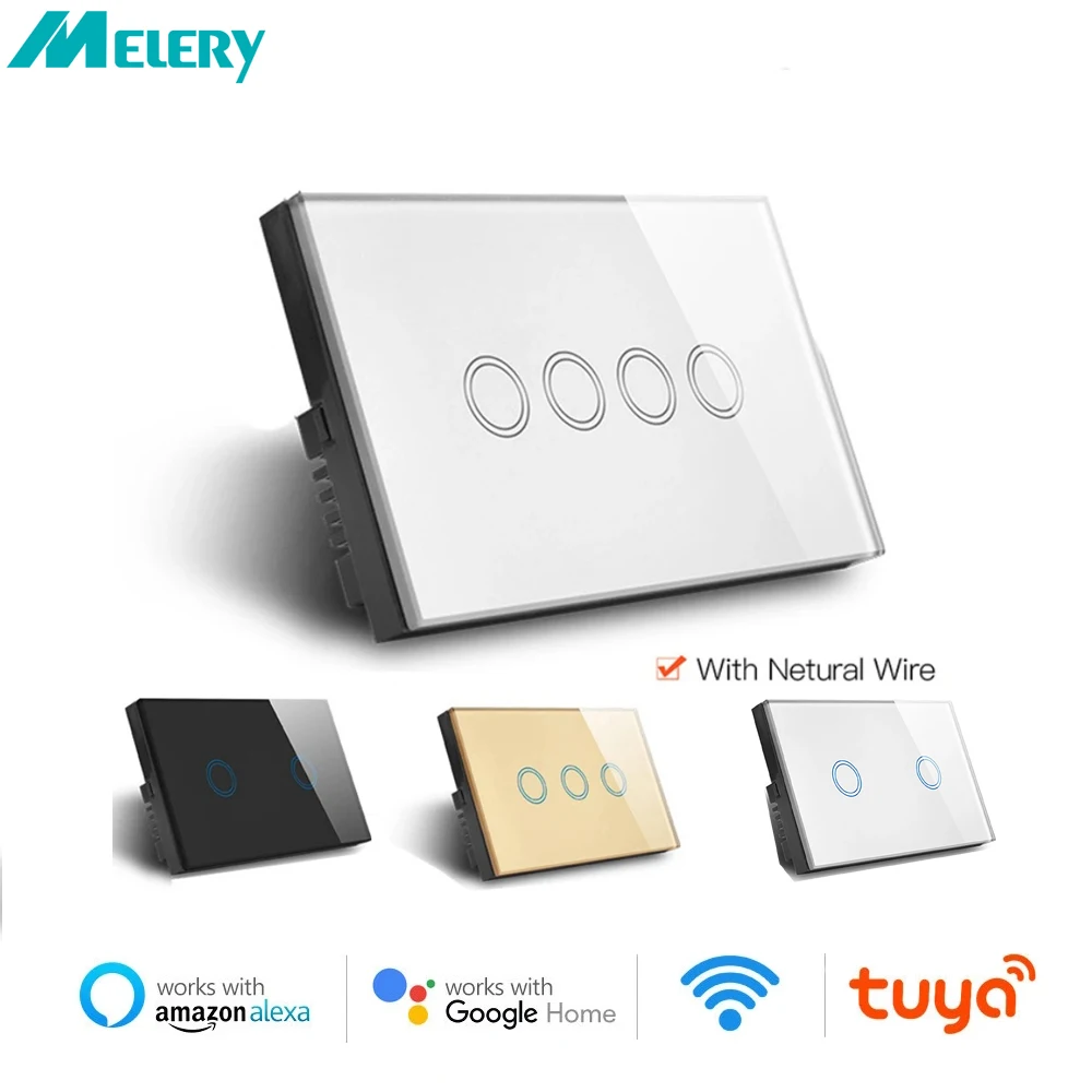 

Настенный выключатель Melery Wi-Fi Smart Life Tuya Light Interruptor Стеклянная сенсорная панель Беспроводной голосовой пульт дистанционного управления от Alexa Google Home