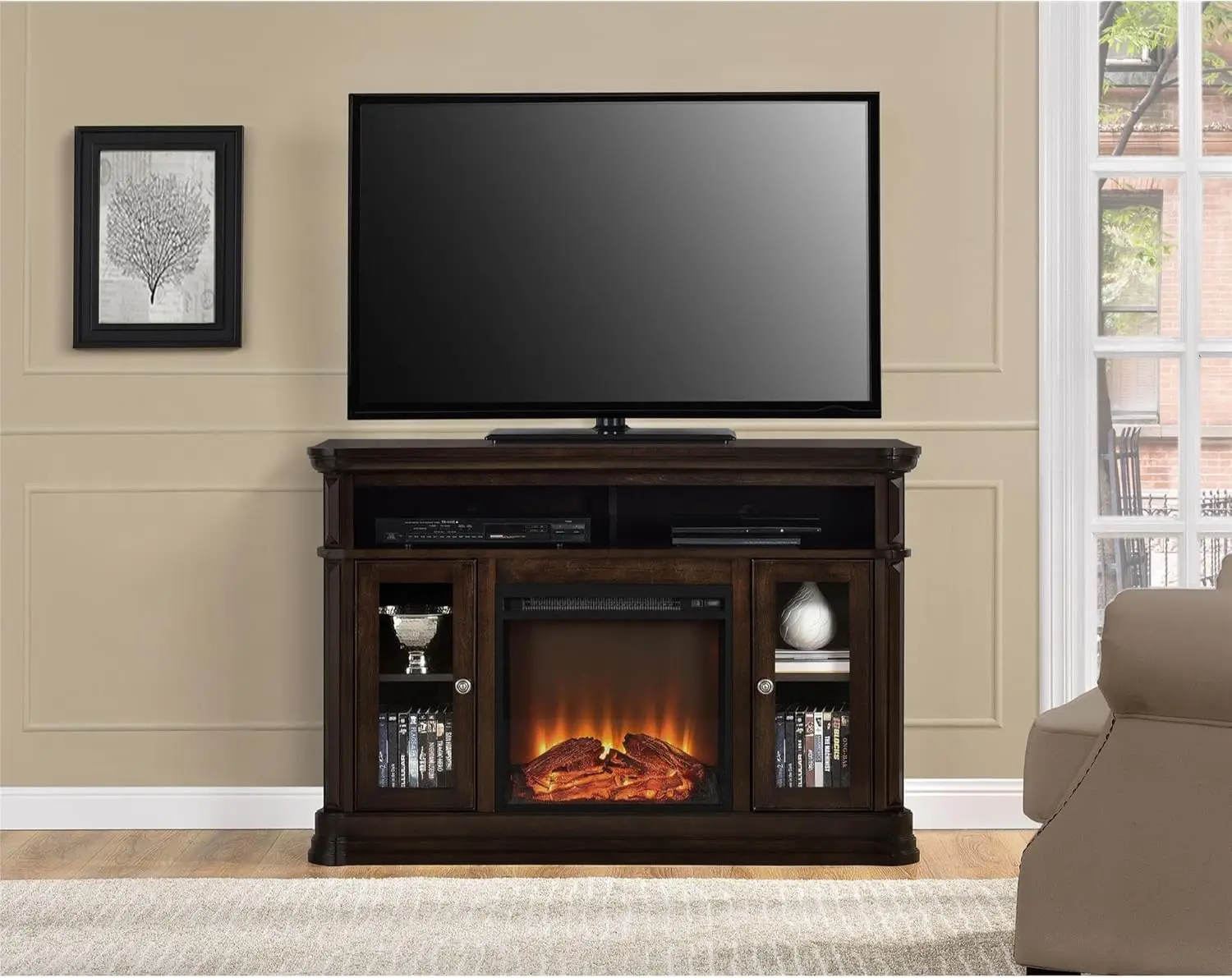 Brooklyn Fireplace TV Stand for TVs up to 50 Inch Replaceable Electric Fireplace Insert Heater Realistic Log and Flame Effect