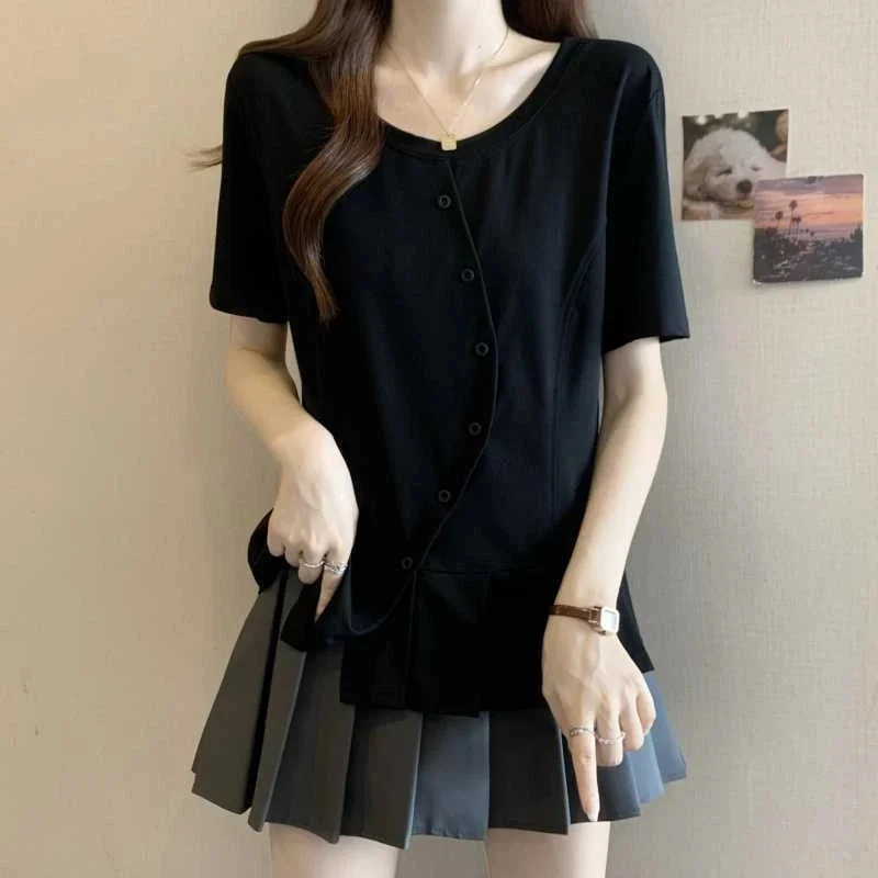 

Plus Size Summer Irregular Pleated T Shirt Loose Short Sleeve Boxy Top Tummy Cover Slimming Casual Chic For Curvy Women