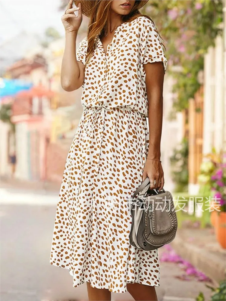 2025 موضة جديدة فستان صيفي المرأة البولكا نقطة البوهيمي طباعة فستان البوهيمي منتصف طول عالية الخصر شال عطلة فستان صيفي #4