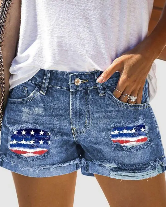 

New Fashion Women's Printed Ripped Raw Hem Denim Shorts Female Casual Clothing Summer Daily Women Short Jeans