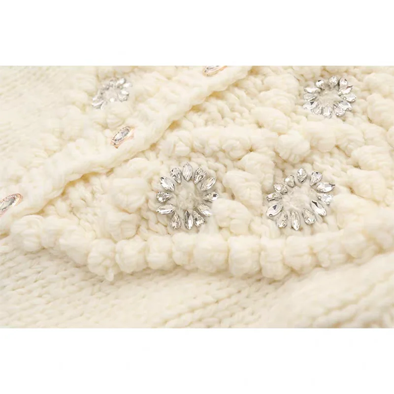 Handmade Bubble Diamond Embellished Cardigan Crochet Flower Chunky Knit Sweater 3D Floral Details Button-Up Knitwear Coat