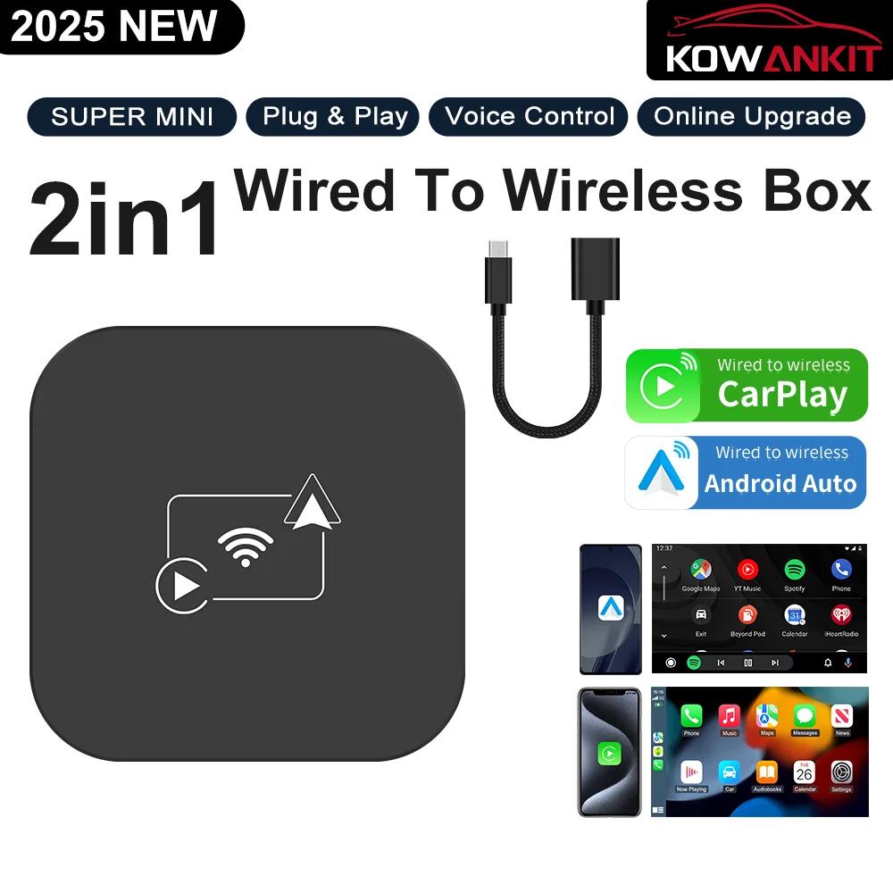 

Беспроводной мини-адаптер Carplay Android Auto 2025, Plug & Play подходит для автомобилей с 2016 года и IPhone IOS 10+ и Android 11+, 2 в 1 — K1F