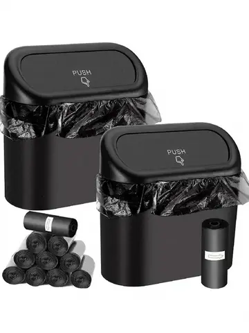 1PC Leak-Proof Mini Car Trash Can with Lid - Includes 60/300 Disposable Bags for Vehicle Interior Waste Management