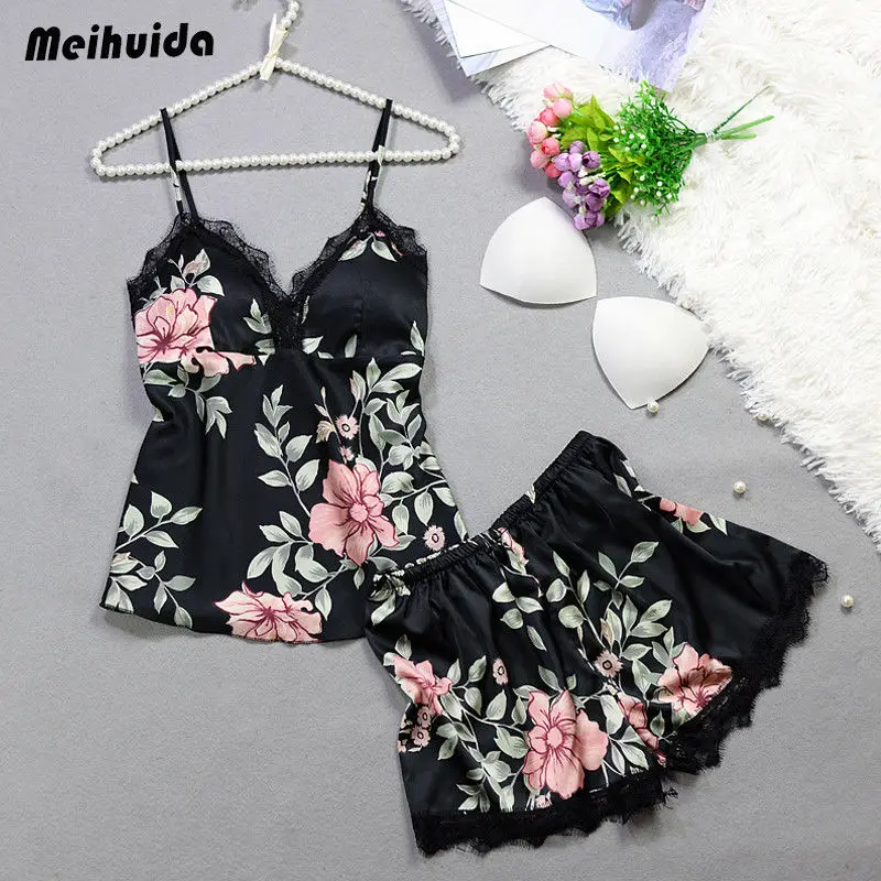 2pcs Floral Lingerie Set Womens Sexy Silk Satin Lace Vest Shorts Sleepwear Babydoll Lingerie Nightdress Pajamas Set