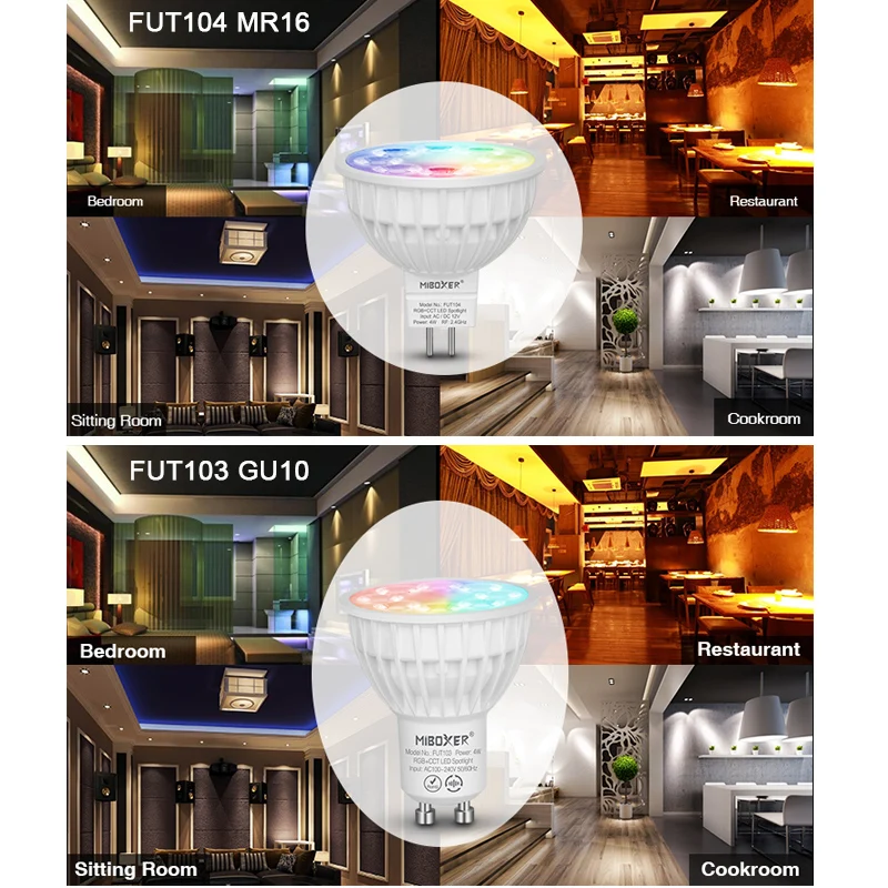 10 pieces Miboxer FUT103 FUT104 GU10 MR16 4W RGB+CCT LED Spotlight 12V 110V 220V Indoor Lamp 2.4G RF Remote/APP Control