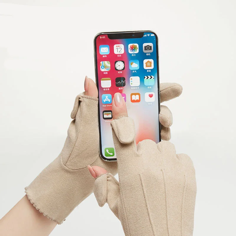 Guantes elegantes para mujer, guante de dedo completo para pantalla táctil, para deportes al aire libre, ciclismo, terciopelo alemán Delgado,