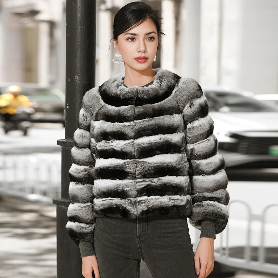 

Women's Chinchilla Striped Fur Coat Real Fur Jacket Natural Rex Rabbit Fur Coat Best Selling Luxury Genuine Fur Outerwear