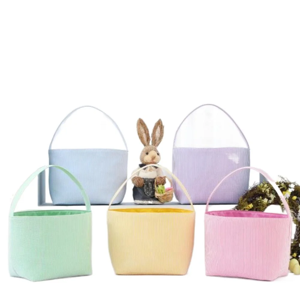 20pcs Wholesale Easter Bunny Basket Candy Color Tote Bag With Single Handle Seersucker Easter Bucket Huge Storage Easter Gift