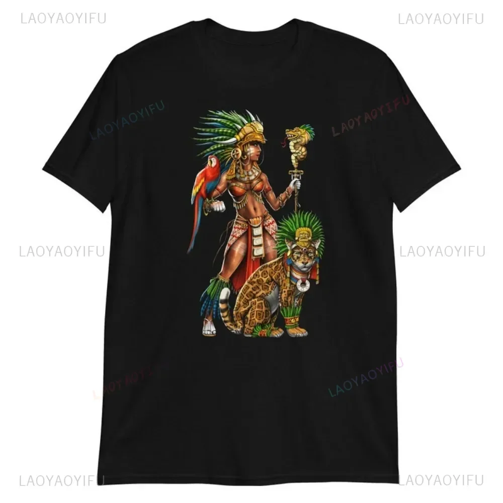 Aztec Warrior Jaguar Men's Cotton T-shirt Aztec Goddess Ancient Mayan Women's Shirt Harajuku Mexico Goth Clothing Mayan T-shirts