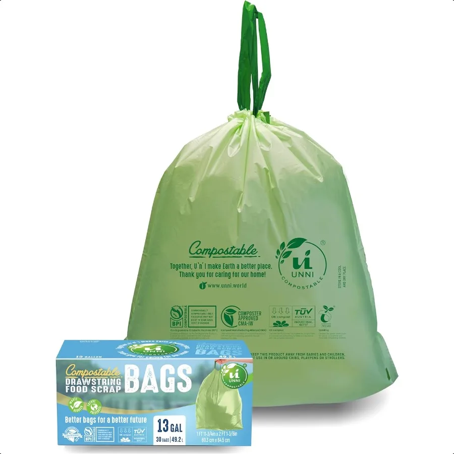 

Compostable Drawstring Bags 13 Gallon 49.2 Liter 30 Count Heavy Duty 1 Mil Tall Kitchen Food Scrap Waste Bags ASTM D6400 US BPI