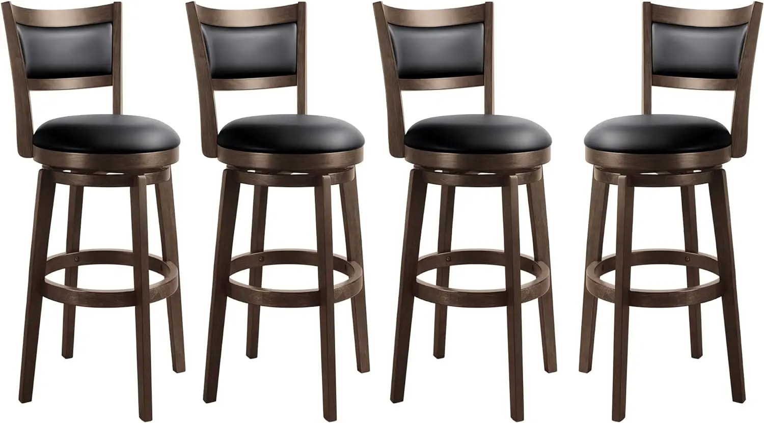 

30" Bar Height Stools Set of 4 - High Back Swivel Barstools with Black Faux Leather Upholstered Seat & Solid Wood Footrest