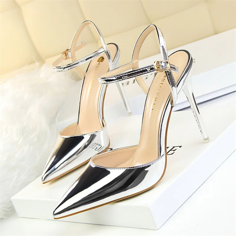 

Stylish Elegant Women Pumps Slingback Shiny Metallic Gold Silver High Heels Dress Stiletto Patent Leather Pointed-toe Sandals