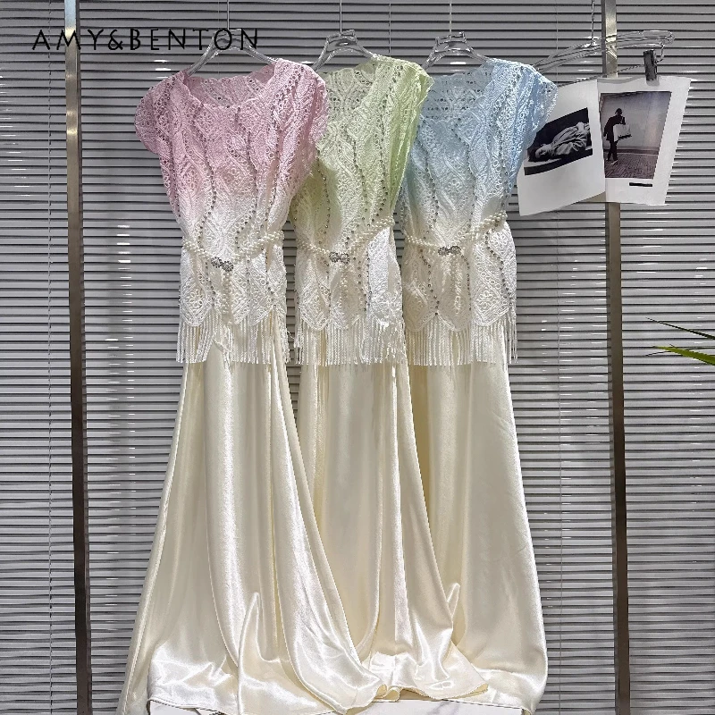 

Summer New Gradual Change Color Hook Flower Hollow Out Pearl Chain Women's Vest French Temperament Design Sling Dress Set Ladies