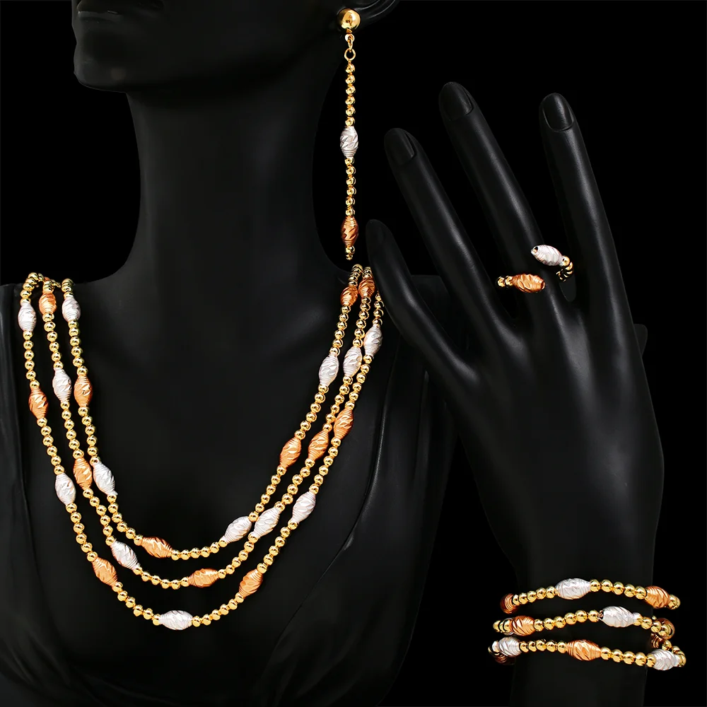 Elegant Chain Bead Necklace Set Long Drop Earring 18K Gold Plated Jewelry Set Hand-drawn Three Colors  Wedding Party Gift