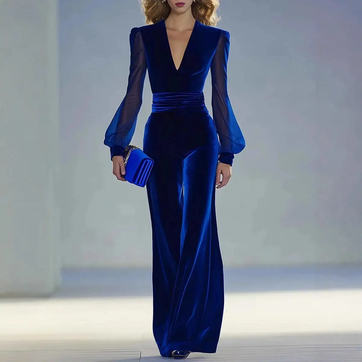 Pure Color Velvet Long Sleeve Long Pants Jumpsuit Women's Autumn Low Waist Polyester See-through One-piece Suit