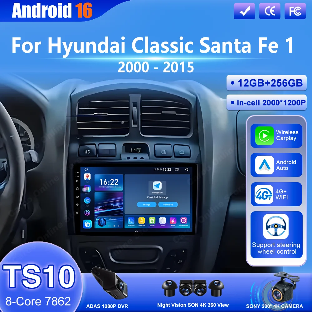 

Car Android 16 Radio Stereo For Hyundai Classic Santa Fe 1 2000-2015 Auto Carplay Multimedia Video Player 4G Wifi GPS Navigation