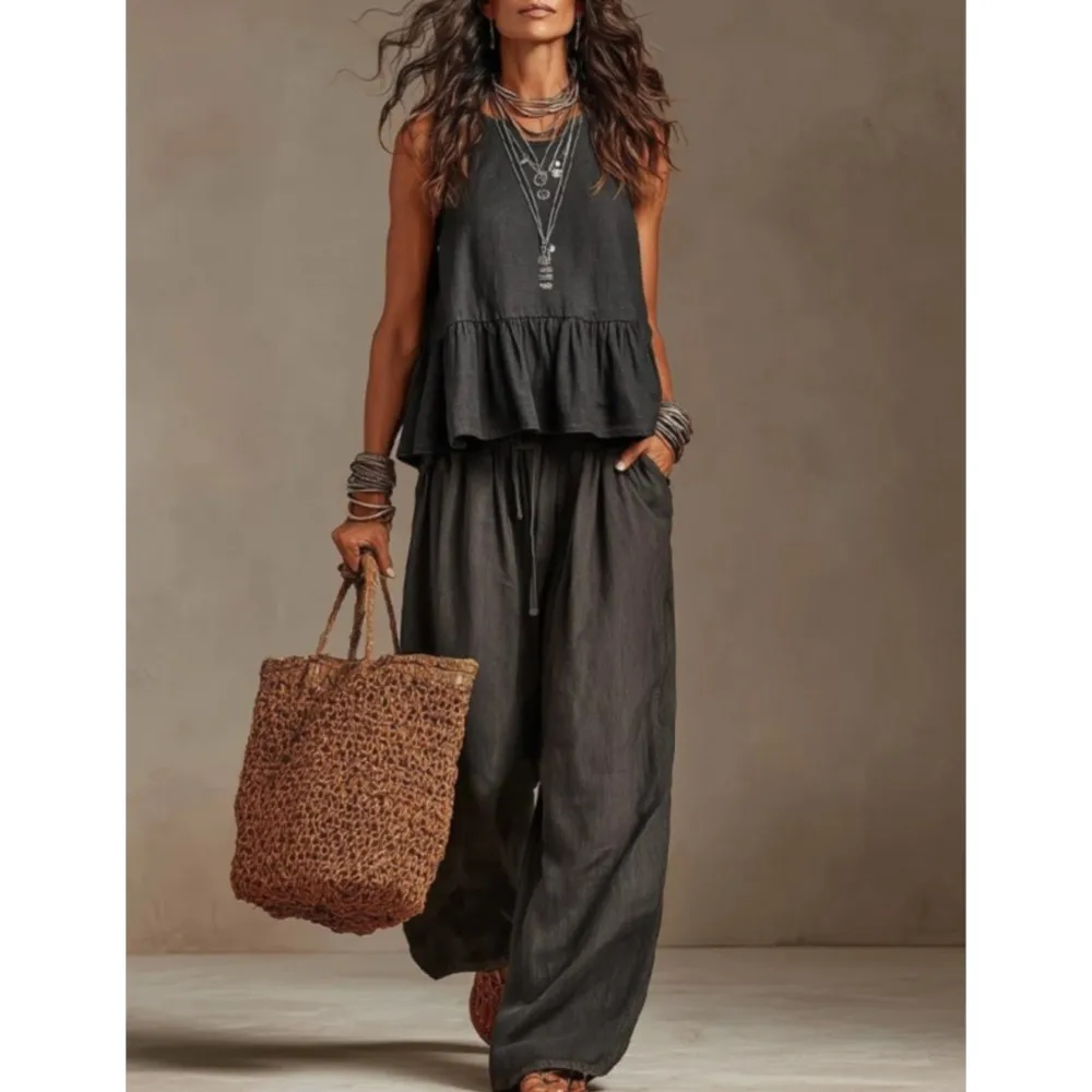 New Casual Sleeveless Women T-shirt Trousers 2piece Set Fashion Ruffled Large Swing Elegant Female Office Wide-leg Trousers Suit - view 4