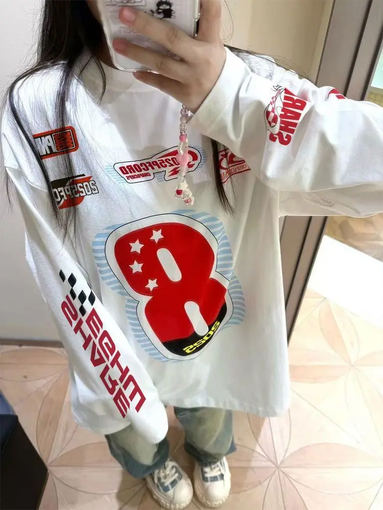 Y2K Racing Number 8 Print Long Sleeve Cotton T Shirt Women Oversized Letter Graphic Loose Streetwear Sun Protection Casual Top