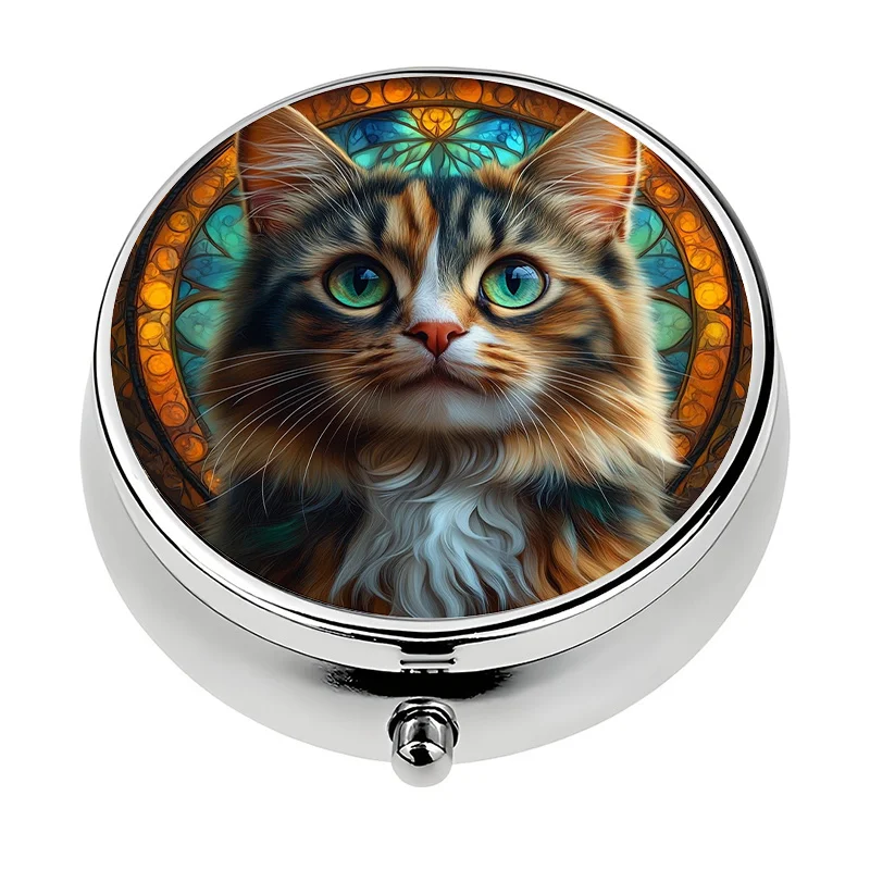 1 metal cat stained glass pill box - 3-compartment portable medicine organizer with a tabby cat face and stained glass lid, mini pill box suitable for purse and travel - unique gift for women (three-color tabby design), pill organizer, weekly pill organizer, pill container, pill box for handbag, pill sorting box, pill organizer, pill dispenser organizer, pill container organizer, monthly pill organizer, travel pill box, mini pill organizer, small pill organizer, cute pill box, medicine pill organizer, pill box, portable medicine organizer