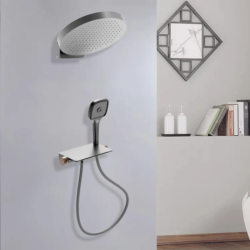 Gun Gray Round Shower Head Bathroom System Thermostatic Faucets With Soft Rain Jet Sprays Wall Mounted Brushed Surface