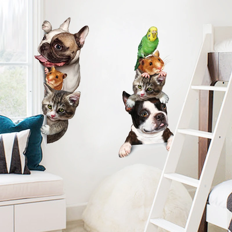 

Funny Dog Cat Mouse Bird Wall Stickers For Kids Bedroom Door Decorations Diy Home Decals Vivid 3d Animals Mural Art Pvc Posters