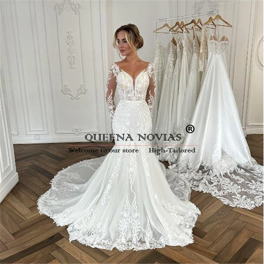 

South African Mermaid Long Wedding Dresses V Neck Lace Appliques Bridal Gowns Women Formal Party Bride Marriage Robe De Mariee