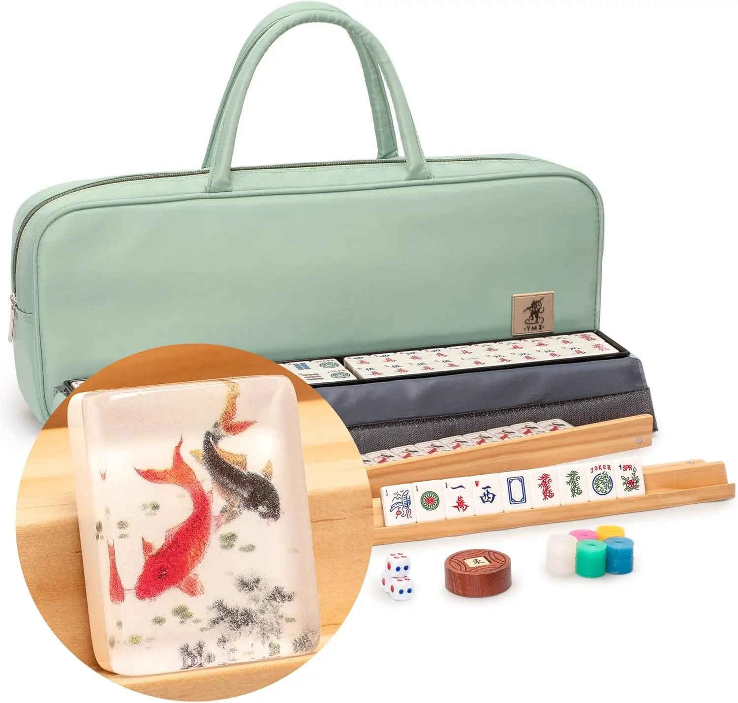 

Yellow Mountain Imports American Mahjong Set, Celadon Koi with Mint Green Fabric Case - Four Wooden All-in-One Racks with Pusher