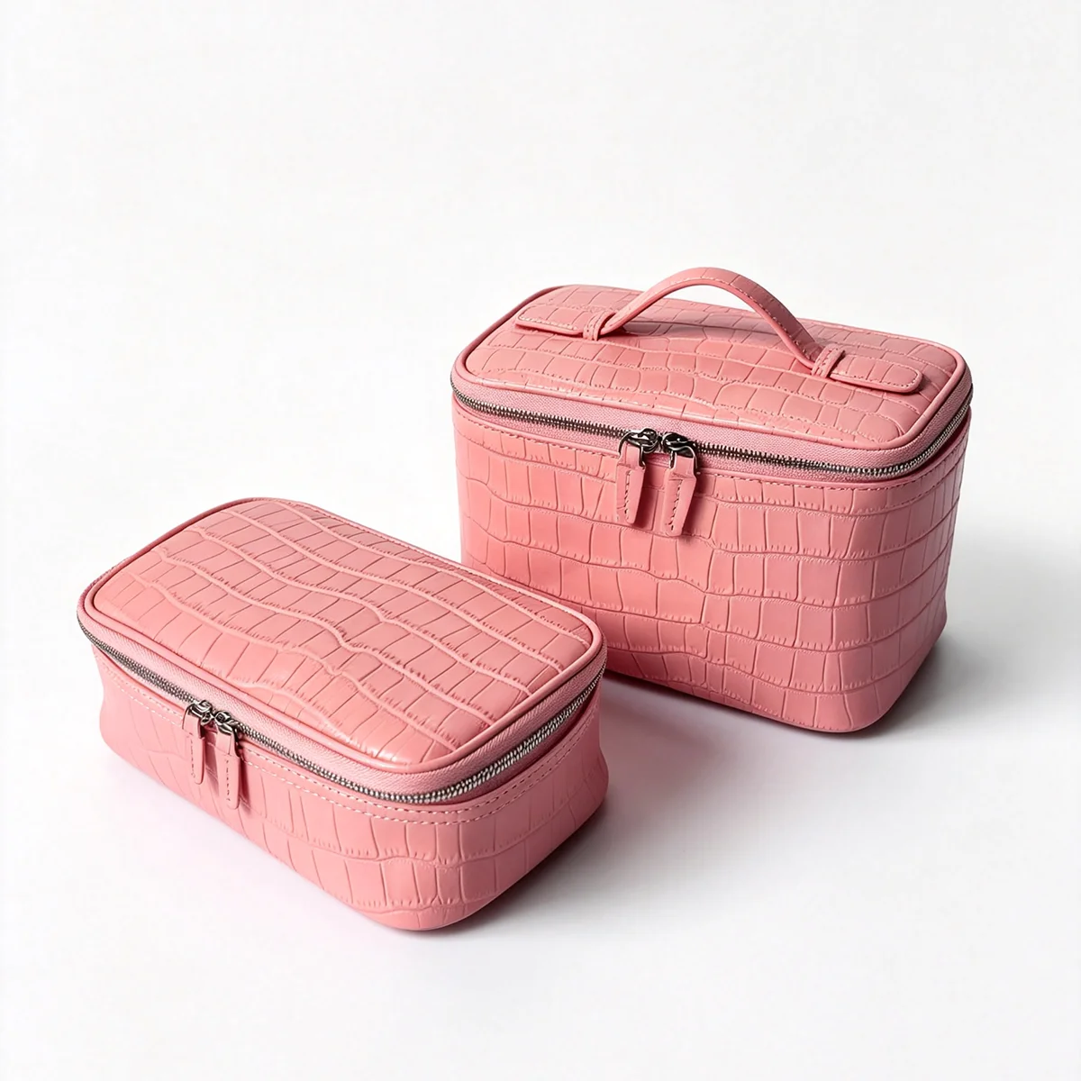 Geprägter Kosmetikbeutel aus Leder mit Krokodil-Optik, großer Stauraum, mehrere Taschen, Handtaschen-Organizer für Toilettenartikel, Reise, rosa Ausführungen. – Detail 19