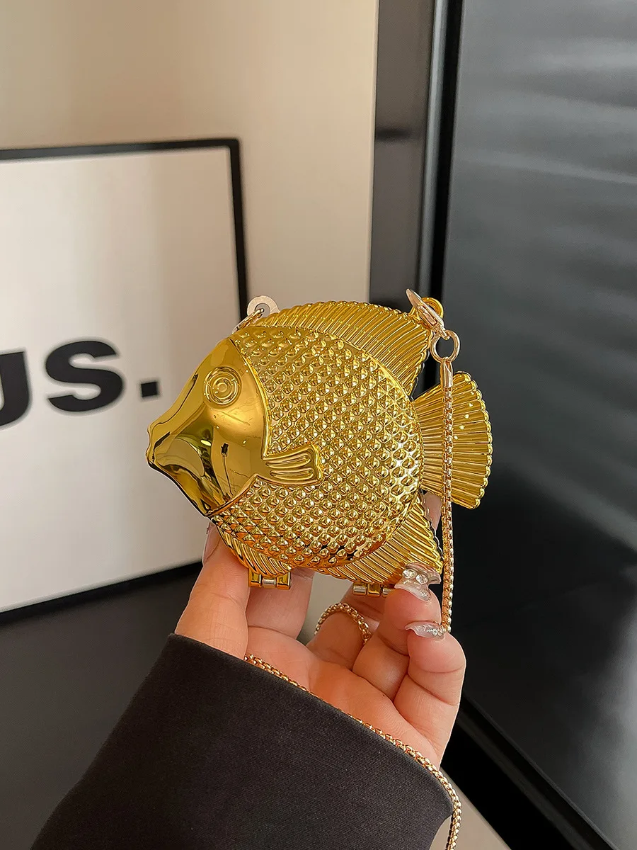 Gold Silver 3D Metal Fish Small Bag Exquisite Hollow Fish Chain Purse Unique Party Photo Accessory Mini Shoulder Crossbody  Bag