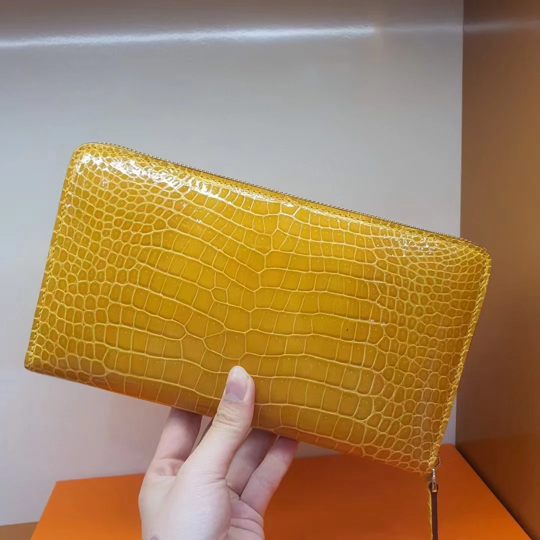 กระเป๋าสตางค์ผู้ชายหนังจระเข้แท้มันวาวสูง 100% จระเข้ Nilo ขนาดยาวผู้ถือใบอนุญาตเงินสดบัตรธนาคาร
