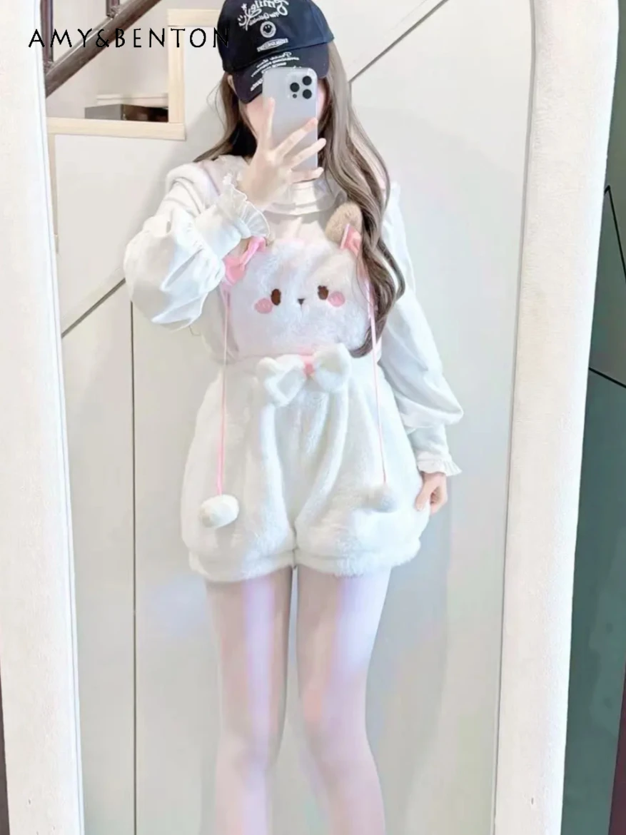 Autumn Winter Lolita Cute Sweet Suspender Fluffy Pants Sweetheart Girl Cartoon Embroidery Bow Shorts White Long Sleeve Top Sets
