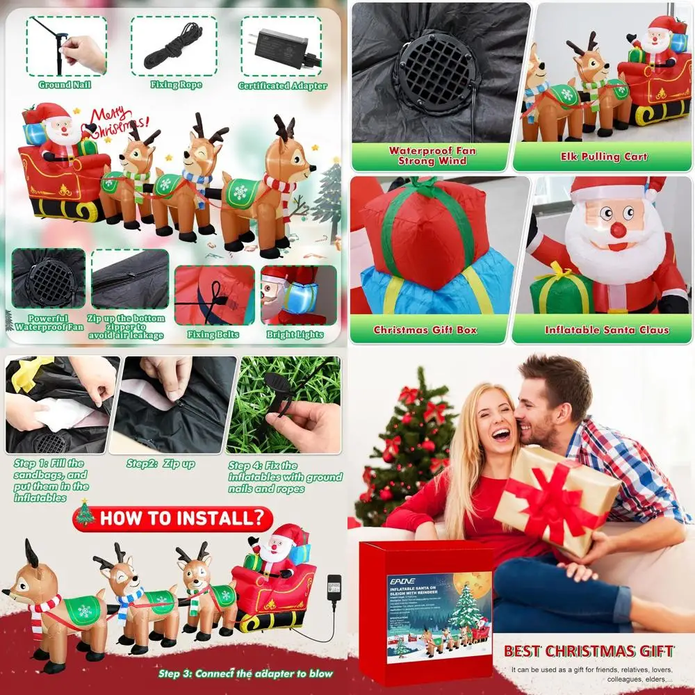 

Гигантские 12-футовые рождественские уличные надувные сани Санта-Клауса с 3 оленями, светодиодные фонари для домашнего праздничного декора