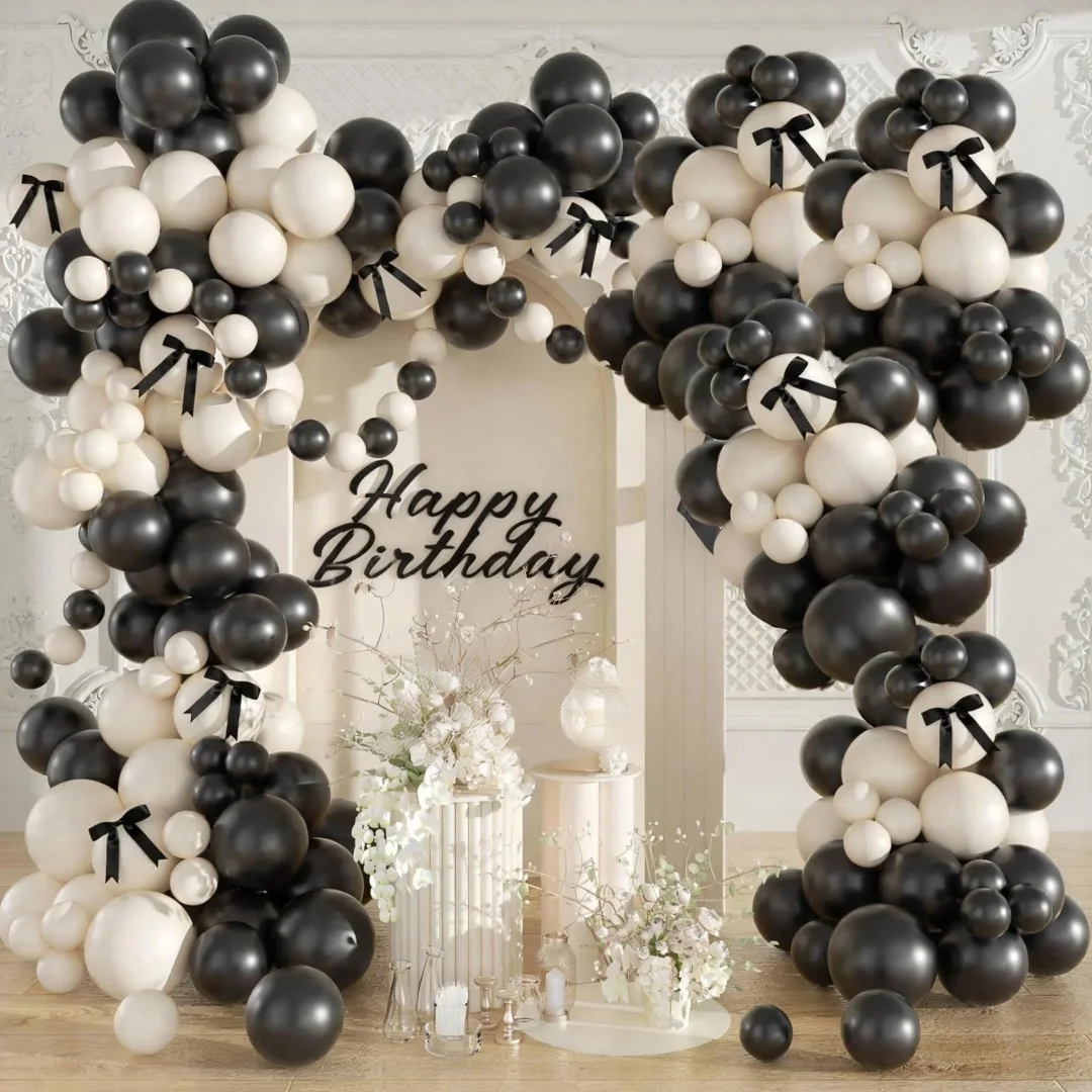 [Juego de globos DIY] 133 Juego de globos de látex blanco y negro con arcos negros Arco de guirnalda DIY, adecuado para fiestas de cumpleaños, bodas, compromiso, San Valentín, novias, regalos, ceremonia de mayoría de edad, graduación, revelación de género