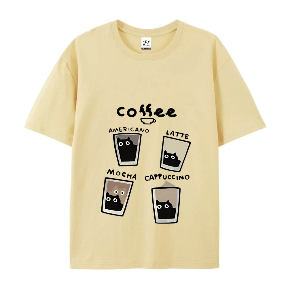 الشباب عارضة الشارع زوجين أعلى الصيف كريم القهوة القط طباعة المتضخم فضفاض تي شيرت المرأة الأمريكية قصيرة الأكمام للجنسين