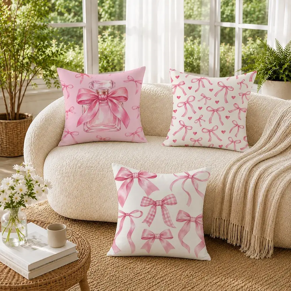 Pink Bow Cherry Pattern Cushion Cover Double-Sided Plush Sofa Pillow Cover Organic Breathable Invisible Zipper