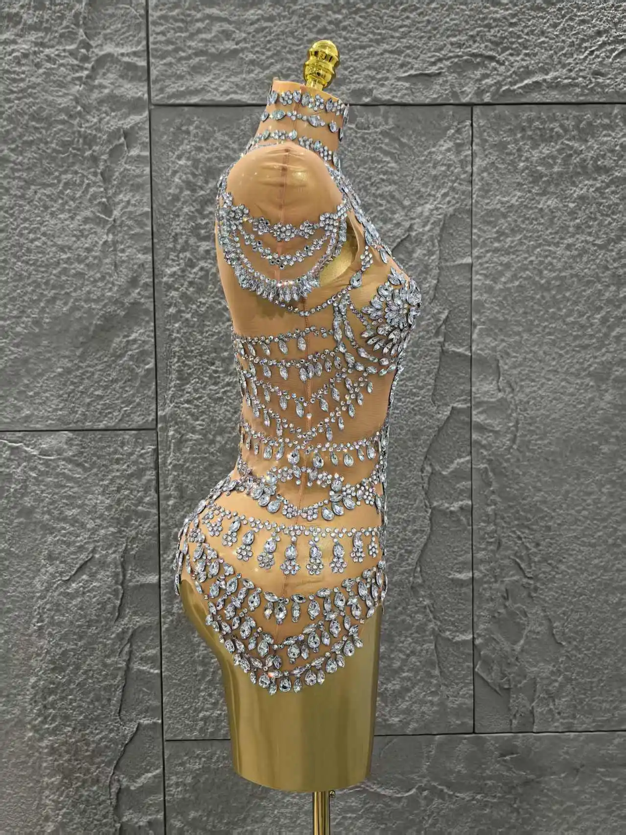 Body ajustado transparente de malla Sexy de cristal brillante para mujer, traje de actuación de cantante para fiesta en club nocturno, ropa de escenario
